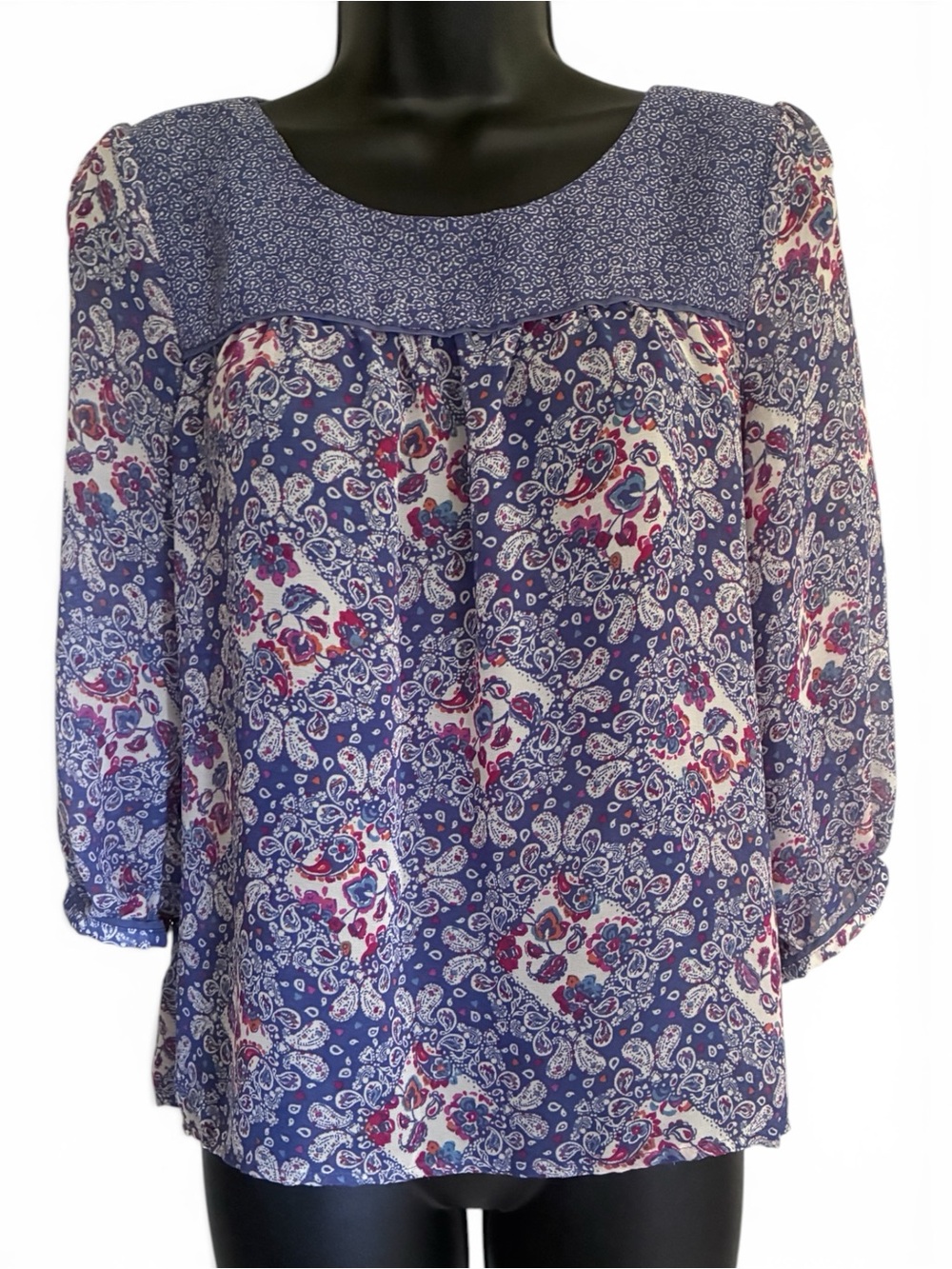 Bohemian Indie Coquette Peasant Blue Paisley Peasant Flowy Sheer Blouse Sz S